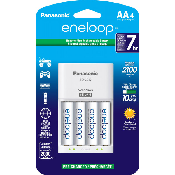 Panasonic K-KJ17MCA4BA Paquete de cargador de batería de celda individual avanzado con 4 baterías recargables AA eneloop de 2100 ciclos