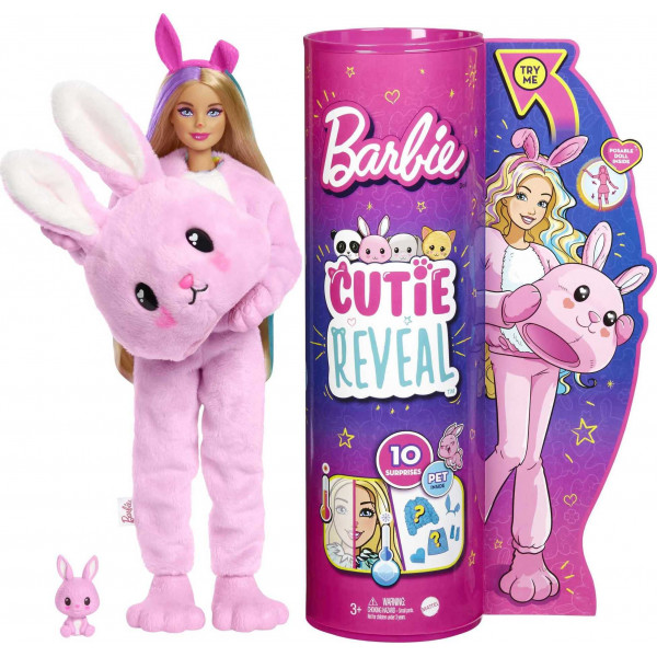 Muñeca Barbie Cutie Reveal, disfraz de conejita de peluche, 10 sorpresas, incluida una mini mascota y cambio de color