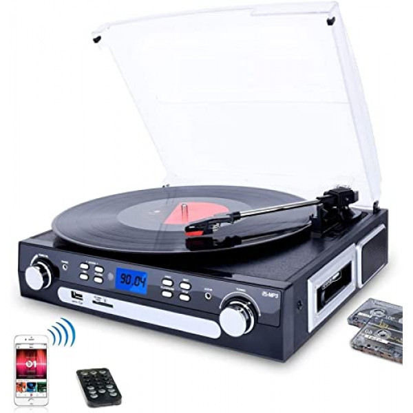 DIGITNOW Tocadiscos Bluetooth con parlantes estéreo, tocadiscos para vinilo a MP3 con reproducción de casete, radio AM/FM, control remoto, codificación USB/SD, conector de salida de música de 3,5 mm