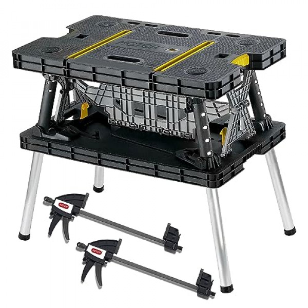 Mesa plegable portátil Keter, soporte para almacenamiento de herramientas, banco de trabajo, caballete con abrazaderas de 12