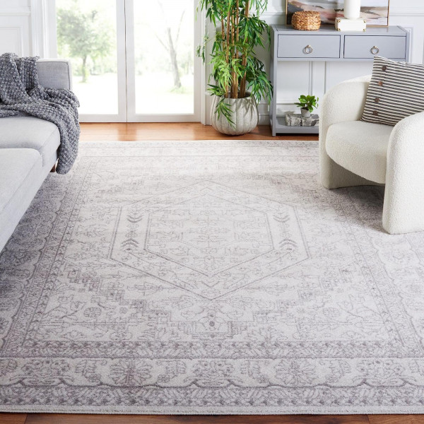 SAFAVIEH Adirondack Collection Alfombra de área – 8' x 10', marfil y plata, diseño de medallón oriental, no se desprende y fácil cuidado, ideal para áreas de alto tráfico en sala de estar, dormitorio (ADR108B)