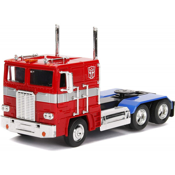Jada Toys Transformers G1 Optimus Prime Truck con robot en chasis, coche fundido a presión, rojo, escala 1: 24