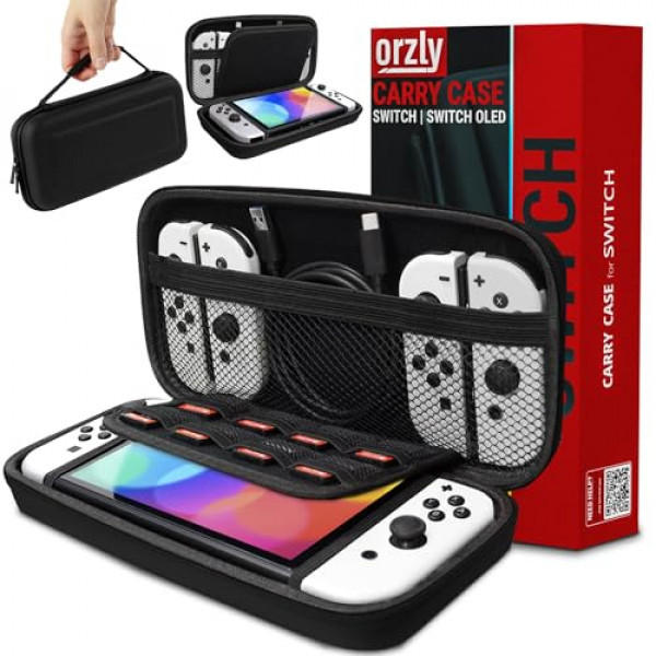 Orzly Estuche de transporte compatible con Nintendo Switch y la nueva consola OLED Switch - Estuche protector de viaje portátil rígido negro con bolsillos para accesorios y juegos
