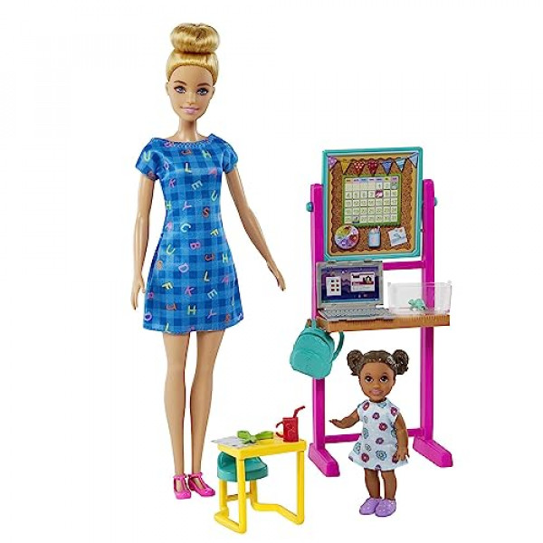 Muñeca y juego Barbie Careers, tema de maestra con muñeca rubia a la moda, 1 muñeca morena para niños pequeños, muebles y accesorios