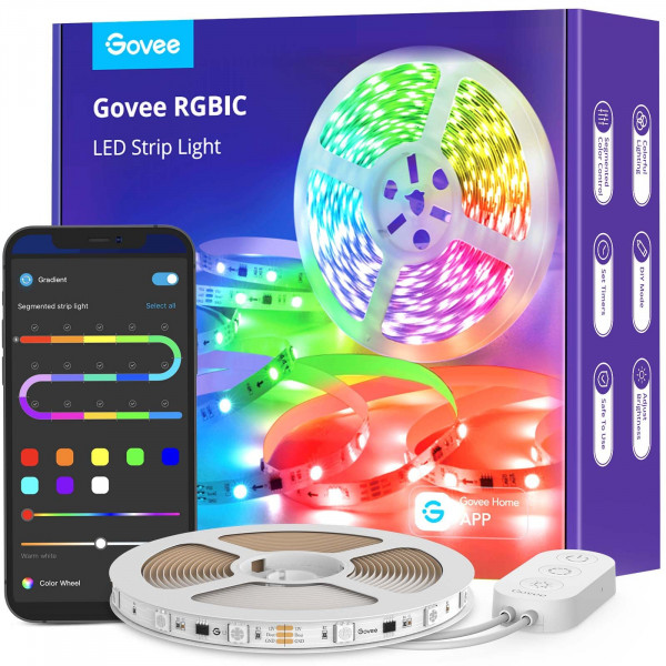 Govee Tira de luces LED RGBIC, luces LED que cambian de color Bluetooth de 16.4 pies con control de aplicación segmentada, selección de color de tira LED inteligente, luces LED de sincronización de música para dormitorio, sala de estar, fiesta