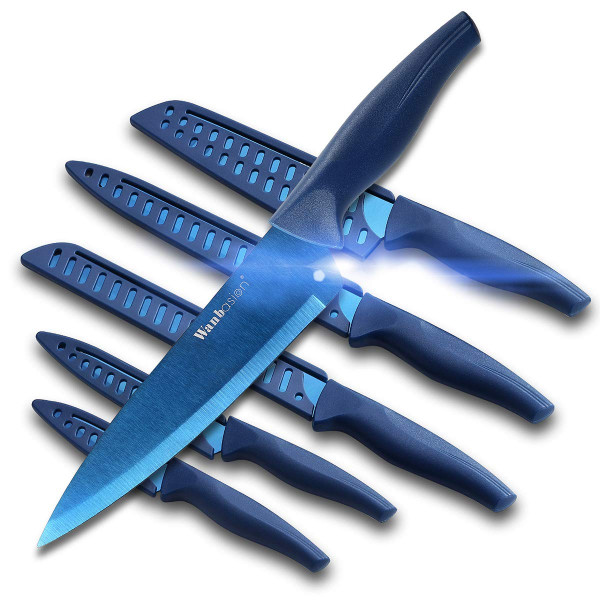 Wanbasion Juego de cuchillos de cocina profesional azul, acero inoxidable, apto para lavavajillas con fundas
