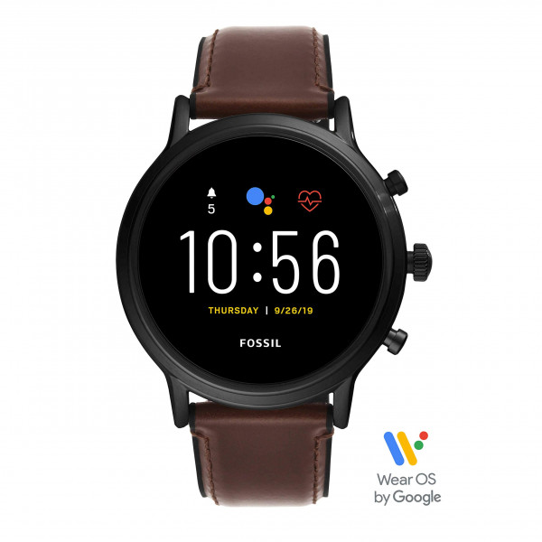 Fossil Reloj inteligente con pantalla táctil de cuero y acero inoxidable Gen 5 Carlyle de 44 mm, color: negro, marrón (Modelo: FTW4026)