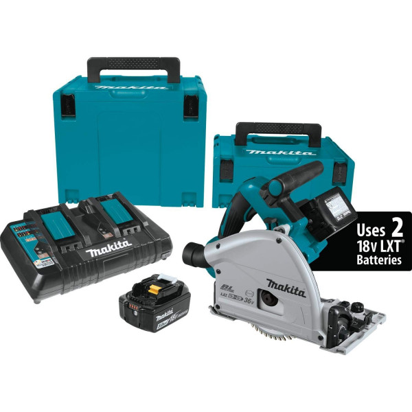 Makita XPS01PTJ Kit de sierra circular de inmersión de 6-1/2 pulgadas, inalámbrica, sin escobillas, de iones de litio (36 V), X2 LXT de 18 voltios (5,0 Ah) con riel guía 199140-0 de 39 pulgadas (se vende por separado)