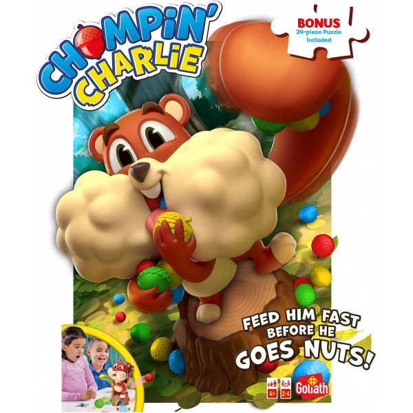 Juego Chompin' Charlie - Alimenta a la ardilla con bellotas y corre para recogerlas cuando se dispersen - Incluye rompecabezas de 24 piezas de Goliath