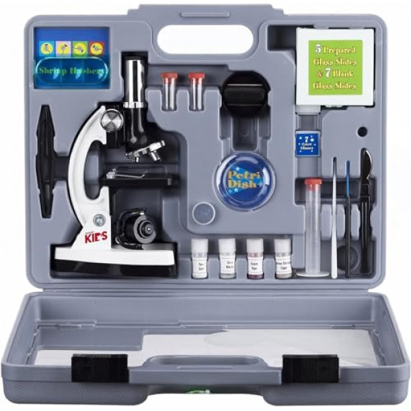 AmScope 120X-1200X Kit de vástago de microscopio para principiantes de 52 piezas con microscopio de cuerpo metálico, diapositivas de plástico, luz LED y caja de transporte (M30-ABS-KT2-W), blanco