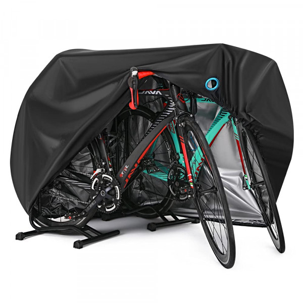 Funda para bicicleta para 2 o 3 bicicletas Fundas para bicicletas impermeables para exteriores Lluvia Sol UV Polvo A prueba de viento con orificio para cerradura para bicicletas eléctricas de carretera de montaña Bicicletas resistentes Negro