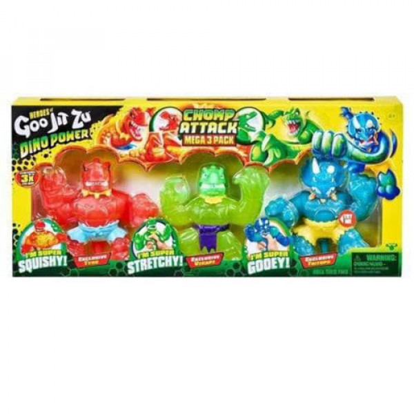 Goo Jit Zu Dino Power Mega paquete de 3: figuras de dinosaurio blando de superhéroe, MOY41257