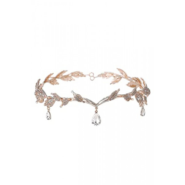 BABEYOND Diadema de boda con hojas de cristal, diadema para dama de honor, banda para la frente, corona de tiara nupcial con diamantes de imitación (oro rosa)