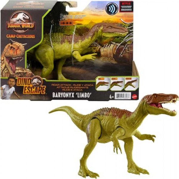 Mattel Jurassic World Camp Cretácico Roar Attack Baryonyx Limbo Dinosaurio Figura de acción Juguete con función de ataque y sonidos
