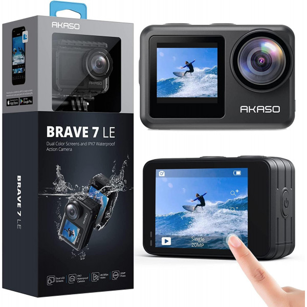 AKASO Brave 7 LE 4K30FPS 20MP WiFi Cámara de acción con pantalla táctil EIS 2.0 Zoom Control remoto Cámara subacuática de 131 pies con 2 baterías de 1350 mAh Soporte para micrófono externo Cámara Vlog