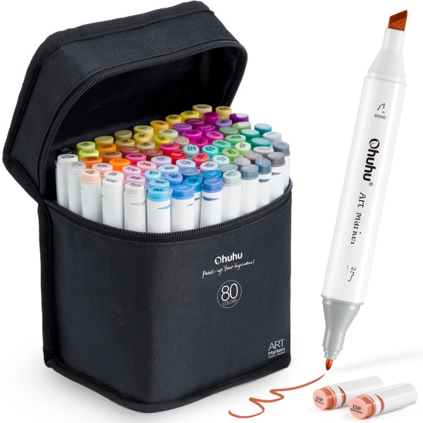 Ohuhu Marcadores de alcohol para artista - Juego de marcadores artísticos de doble punta para adultos Ilustración para colorear - Cincel y fino - 80 colores - Recargable - Oahu de marcadores Ohuhu