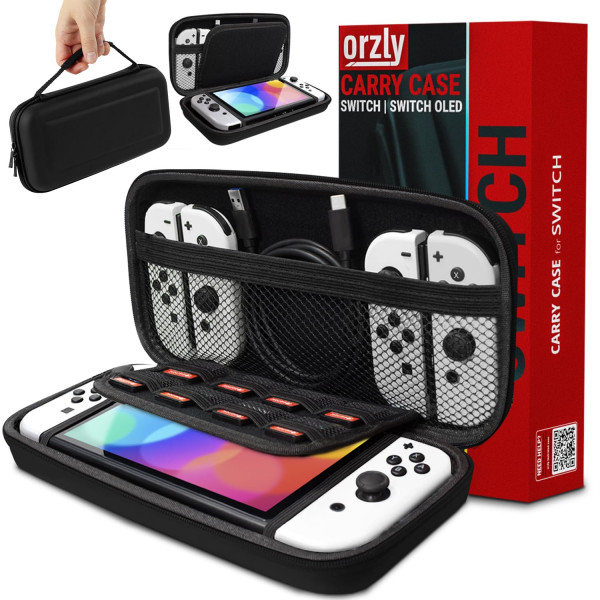 Orzly Estuche de transporte compatible con Nintendo Switch y la nueva consola OLED Switch - Estuche protector de viaje portátil rígido negro con bolsillos para accesorios y juegos
