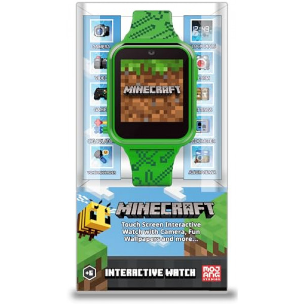 Reloj inteligente con pantalla táctil de aprendizaje educativo verde de Microsoft Minecraft, juguete para niños, niñas y niños pequeños: cámara para selfies, juegos de aprendizaje, alarma, calculadora, rastreador de pasos y más. (Modelo: MIN4045AZ)