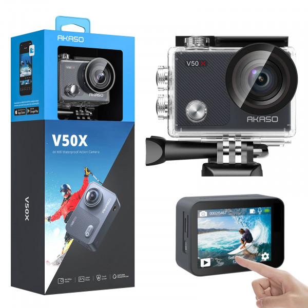 AKASO V50X Cámara de acción nativa WiFi 4K30fps con pantalla táctil EIS Zoom 4X Cámara impermeable de 131 pies Soporte de micrófono externo Control remoto con accesorios para casco (sin tarjeta MicroSD de 64 GB)
