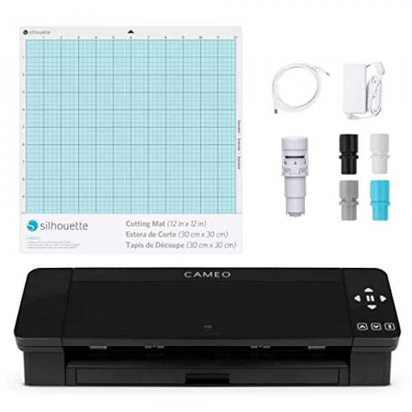 Silhouette Cameo 4 con Bluetooth, tapete de corte de 12x12, AutoBlade 2, 100 diseños y software Silhouette Studio - Edición negra