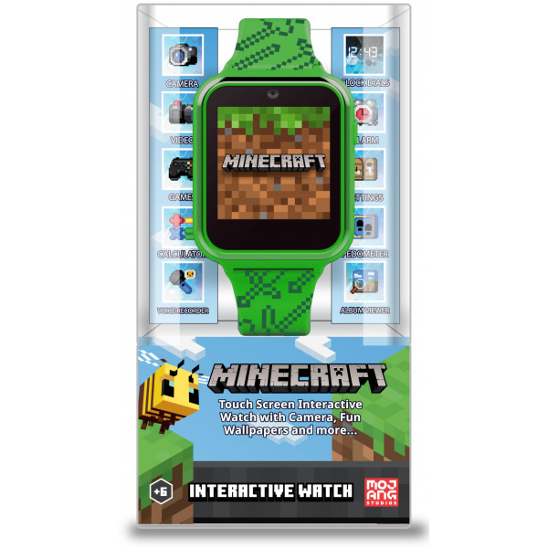 Reloj inteligente con pantalla táctil de aprendizaje educativo verde de Microsoft Minecraft para niños, niñas y niños pequeños: cámara para selfies, juegos de aprendizaje, alarma, calculadora, rastreador de pasos y más. (Modelo: MIN4045AZ)