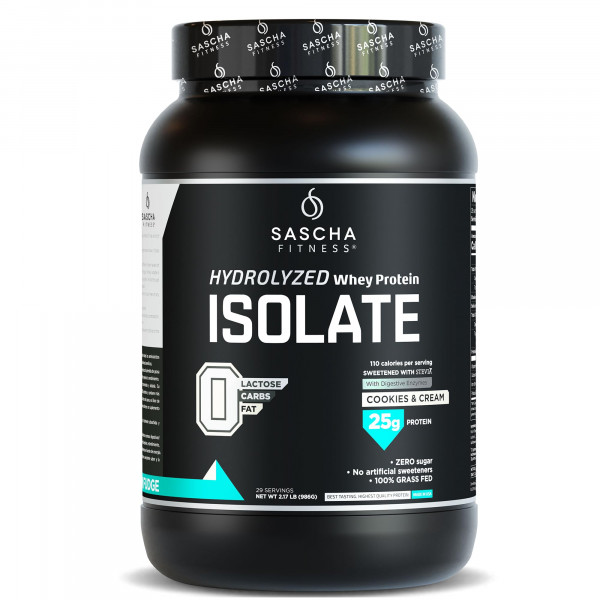 Aislado de proteína de suero hidrolizado SASCHA FITNESS, 100% alimentado con pasto (2 libras, galletas y crema)