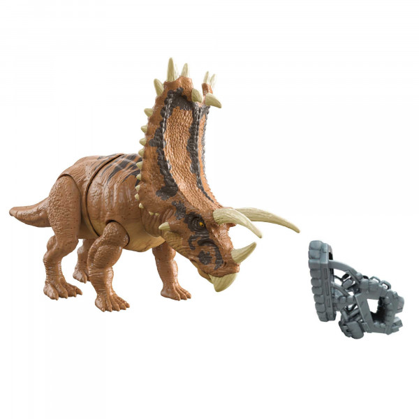 Mattel Jurassic World Camp Cretaceous Mega Destroyers Pentaceratops Figura de acción de dinosaurio, juguete con articulaciones móviles, función de ataque y fuga