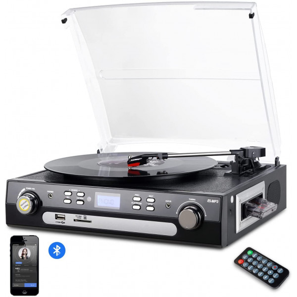 DIGITNOW Tocadiscos Bluetooth con parlantes estéreo, tocadiscos para vinilo a MP3 con reproducción de casete, radio AM/FM, control remoto, codificación USB/SD, conector de salida de música de 3,5 mm