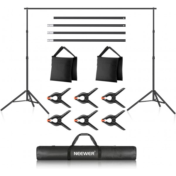 Neewer Sistema de Soporte de Fondo para Estudio Fotográfico, Soporte de Fondo Ajustable de 3m de Ancho y 2m de Alto con 4 Barras Transversales, 6 Abrazaderas de Fondo, 2 Bolsas de Arena y Bolsa de Transporte para Fotografía de Retrato y Estudio