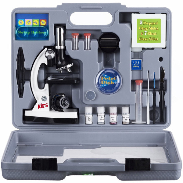AmScope 120X-1200X Kit de vástago de microscopio para principiantes de 52 piezas con microscopio de cuerpo metálico, diapositivas de plástico, luz LED y caja de transporte (M30-ABS-KT2-W), blanco