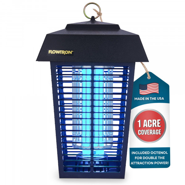 Flowtron Bug Zapper, 1 acre de cobertura exterior con potente bombilla de 40 W y rejilla de eliminación instantánea de 5600 V, exterminador eléctrico de insectos, moscas y mosquitos, fabricado en los EE. UU.