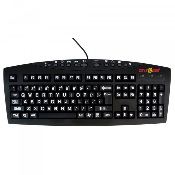 Teclado AbleNet Keys-U-See con letra grande, alto contraste, inglés de EE. UU., USB, con cable, blanco sobre negro, teclas de tamaño estándar con letras grandes para personas con discapacidad visual - Producto #10090103