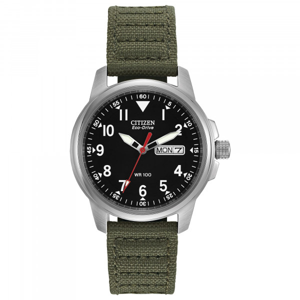 Reloj Citizen Eco-Drive Weekender Garrison Field para hombre en acero inoxidable con correa de nailon verde oliva, esfera negra (Modelo: BM8180-03E)