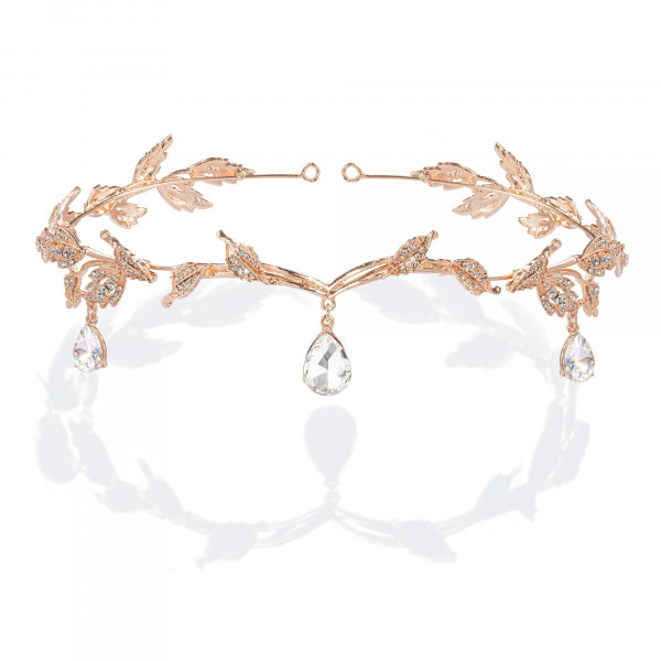 BABEYOND Diadema de boda con hojas de cristal, diadema para dama de honor, banda para la frente, corona de tiara nupcial con diamantes de imitación (oro rosa)