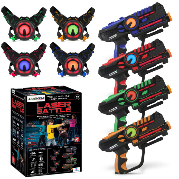 ArmoGear Juego de 4 pistolas láser con chalecos - Juegos multijugador al aire libre para niños y adultos - Juguetes para niños para diversión en interiores y exteriores - Pistolas de juguete para niños y niñas - Juego familiar - Regalo ideal para mayores 