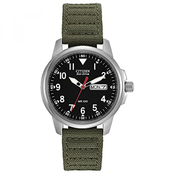 Reloj Citizen Eco-Drive Weekender Garrison Field para hombre en acero inoxidable con correa de nailon verde oliva, esfera negra (Modelo: BM8180-03E)