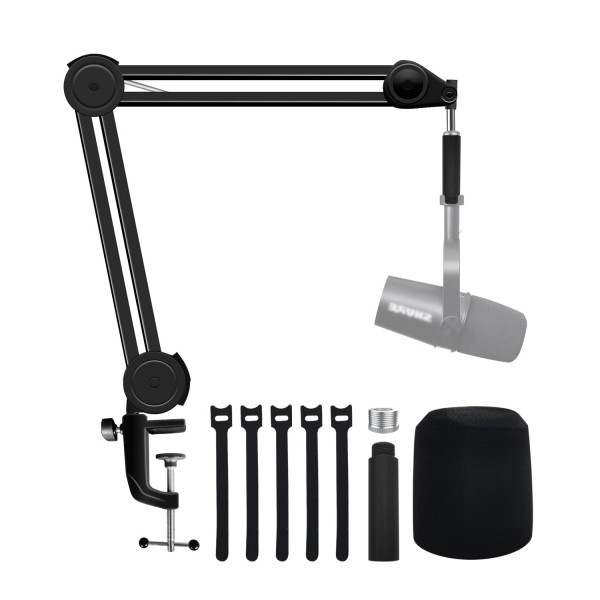 Boseen Soporte de brazo de micrófono con filtro pop para Shure MV7, soporte de micrófono de tijera con brazo de suspensión ajustable resistente con parabrisas de espuma de micrófono y tubo de extensión compatible con micrófono MV7