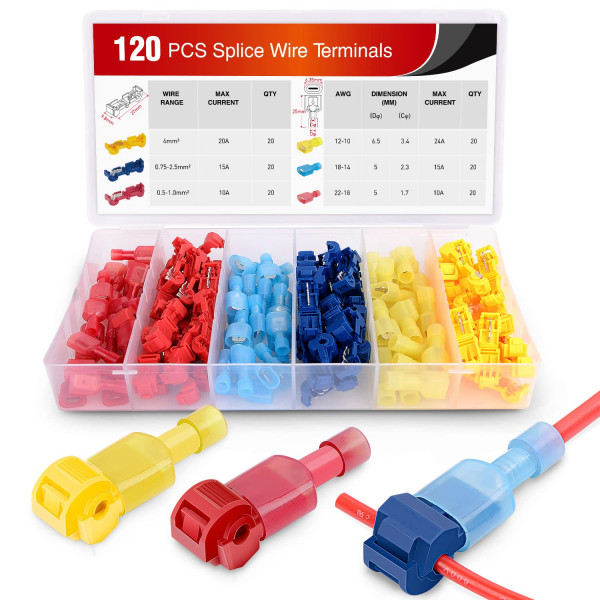 Nilight - 50004R 120 piezas/60 pares de terminales de cable de empalme rápido T-Tap autopelable con kit de desconexión rápida macho totalmente aislado de nailon, 2 años de garantía