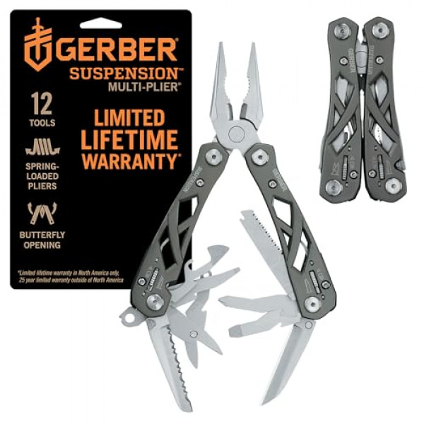 Gerber Gear Suspensión Alicates de punta de aguja 12 en 1 Multiherramienta - Alicates múltiples, cortador de alambre, juego de destornilladores de punta cruzada y plana, tijeras pequeñas - Equipo y equipo EDC - Regalos para hombres - Gris