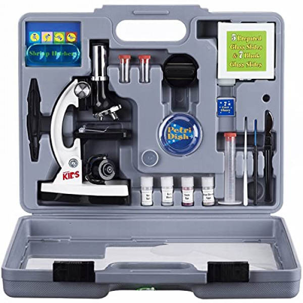 AmScope 120X-1200X Kit de vástago de microscopio para principiantes de 52 piezas con microscopio de cuerpo metálico, diapositivas de plástico, luz LED y caja de transporte (M30-ABS-KT2-W), blanco