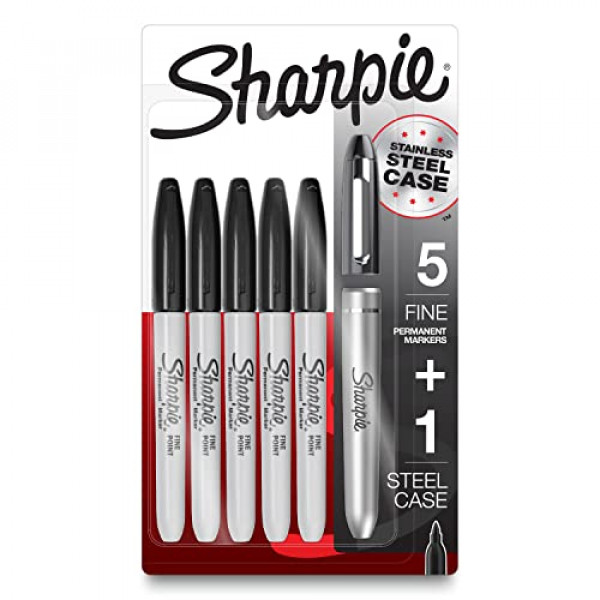 Marcadores permanentes SHARPIE con estuche de acero inoxidable, punta fina, negro, 6 unidades