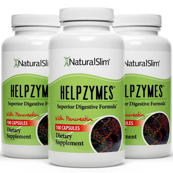 NaturalSlim Helpzymes Enzimas digestivas para digestión, hinchazón, alivio de gases y suplemento de salud intestinal - Suplemento de digestión* con pancreatina, betaína HCL y enzima esencial diaria - 100 cápsulas (paquete de 3)
