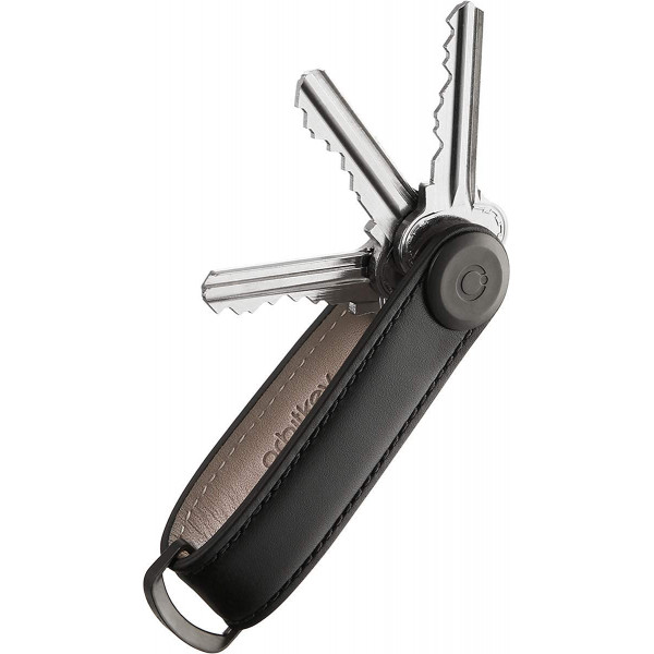 Organizador de llaves de cuero Orbitkey | Mecanismo de bloqueo duradero de acero inoxidable, perfil delgado y silencioso | Capacidad para hasta 7 teclas, negro con costuras negras