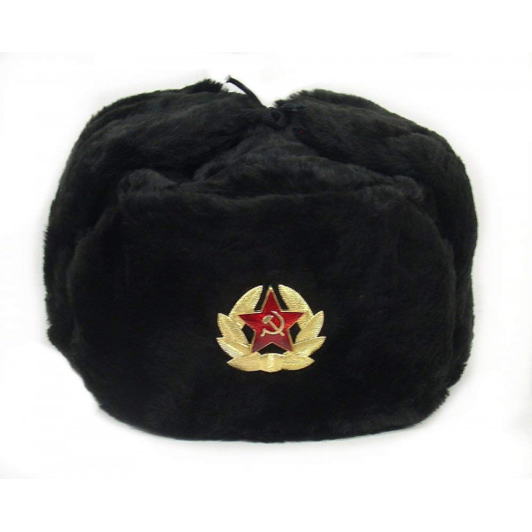 Sombrero de invierno cosaco militar de piel del ejército soviético ruso Ushanka (negro, 59 (L))