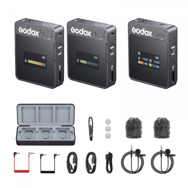 GOODOX MOVELINK II M2 Sistema de micrófono lavalier inalámbrico (2 TX + 1 Rx + Caso de carga), 2.4g Micéndico de cancelación de ruido inalámbrico, rango de 100 m (328 pies) para cámara, computadora, teléfono inteligente Tiktok Entrevista de entrevista gra