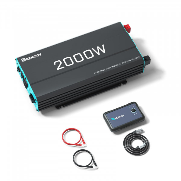 RENOGY 2000W Pure Sine Wave Inverter 12V DC a 120 V Converter de CA para el hogar, RV, camión, inversor solar fuera de la red Inverter 12V a 110 V con puerto USB / 2.1A incorporado / 2.1A, controlador remoto, controlador remoto