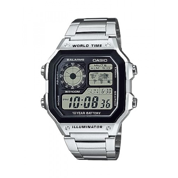 Correa de acero inoxidable de acero inoxidable clásico de acero inoxidable de Casio para hombres, Silver, 21 Reloj casual (Modelo: AE1200WHD-1A)