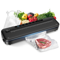 Máquina de sellador de vacío para preservación de alimentos, sellador de alimentos 6 en 1 para almacenamiento de frescura, máquina de sellado de vacío compacta de 75 kPa con cuchilla deslizante externa, temporizador de cuenta regresiva digital negro