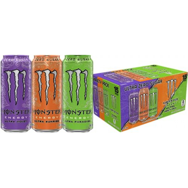 Monster Energy Ultra Variety Pack, Ultra Violet, Ultra Sunrise, Ultra Paradise, Sugar Free Energy Bebida, 16 onzas (paquete de 15)