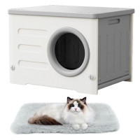 Casa de gato apilable a prueba de clima: refugio elevado aislado e impermeable para gatos interiores y exteriores de plástico Pet House ola con cojín de cama (gris grande)